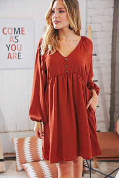 Rust V Neck Raglan Button Detail Bubble Crepe Dress - Molliee Boutique