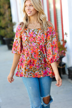 Sage Floral Chiffon Three Quarter Sleeve Peplum Top - Molliee Boutique