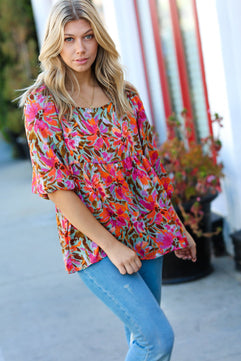 Sage Floral Chiffon Three Quarter Sleeve Peplum Top - Molliee Boutique