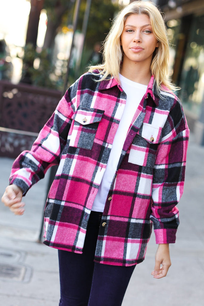 Sassy Fuchsia Plaid Flannel Button Down Shacket - Molliee Boutique