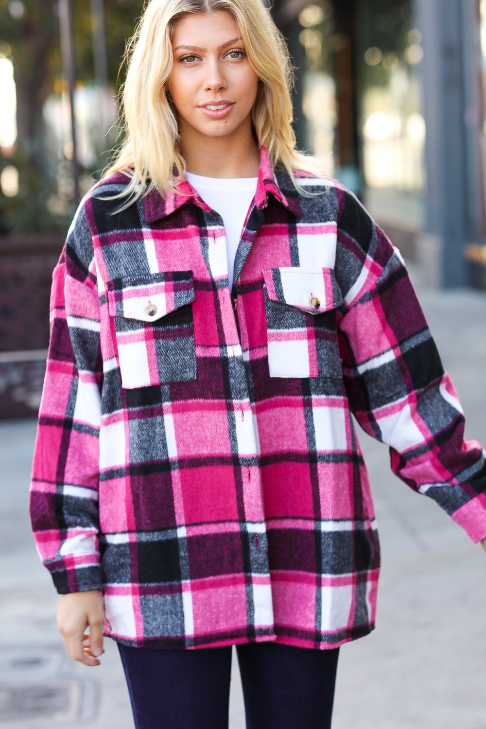 Sassy Fuchsia Plaid Flannel Button Down Shacket - Molliee Boutique