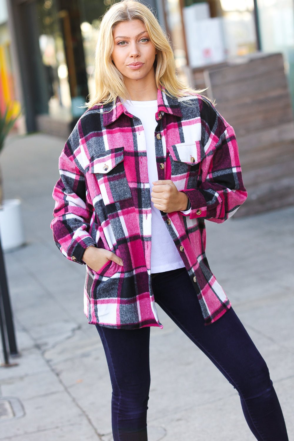 Sassy Fuchsia Plaid Flannel Button Down Shacket - Molliee Boutique