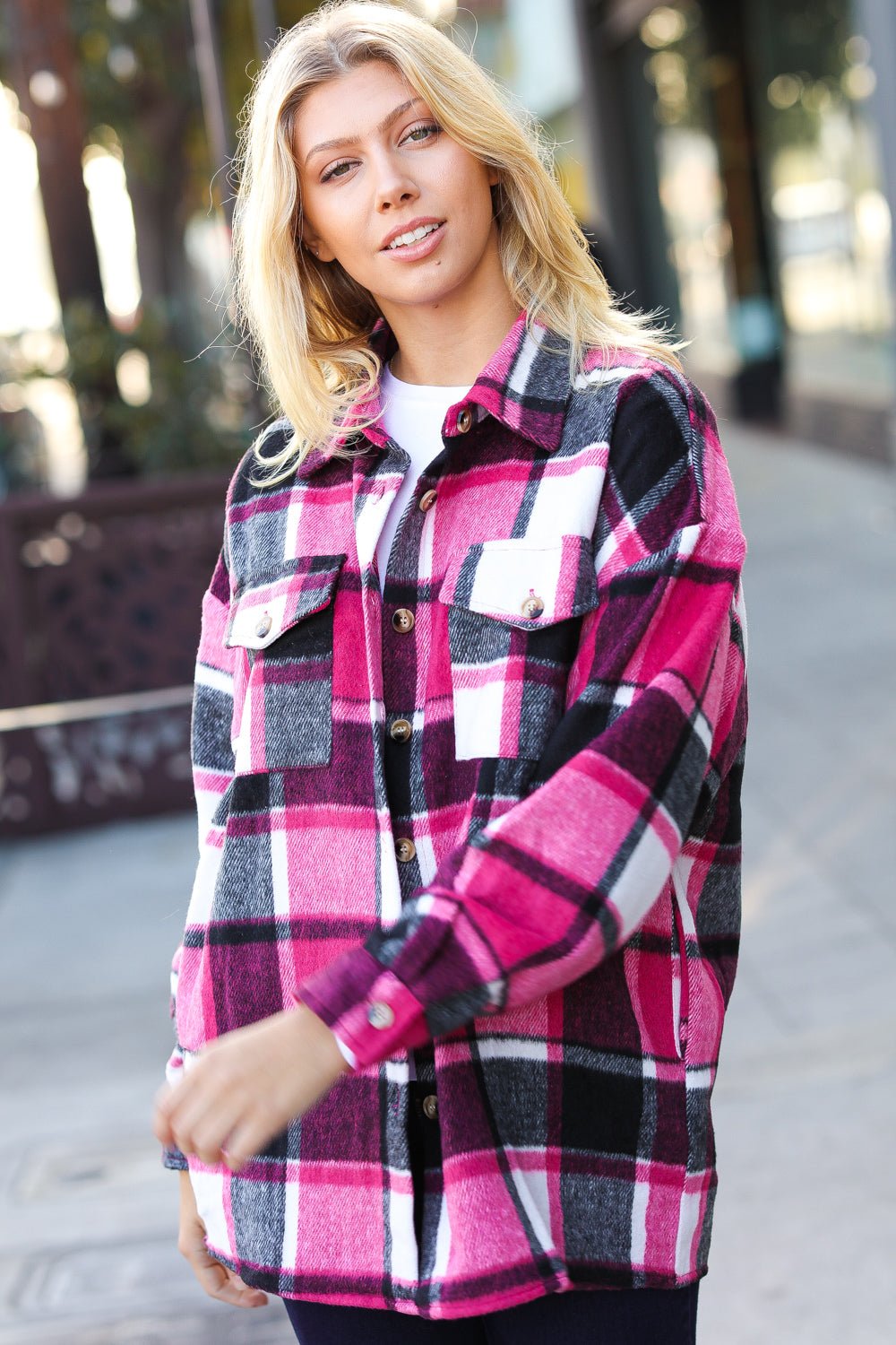 Sassy Fuchsia Plaid Flannel Button Down Shacket - Molliee Boutique