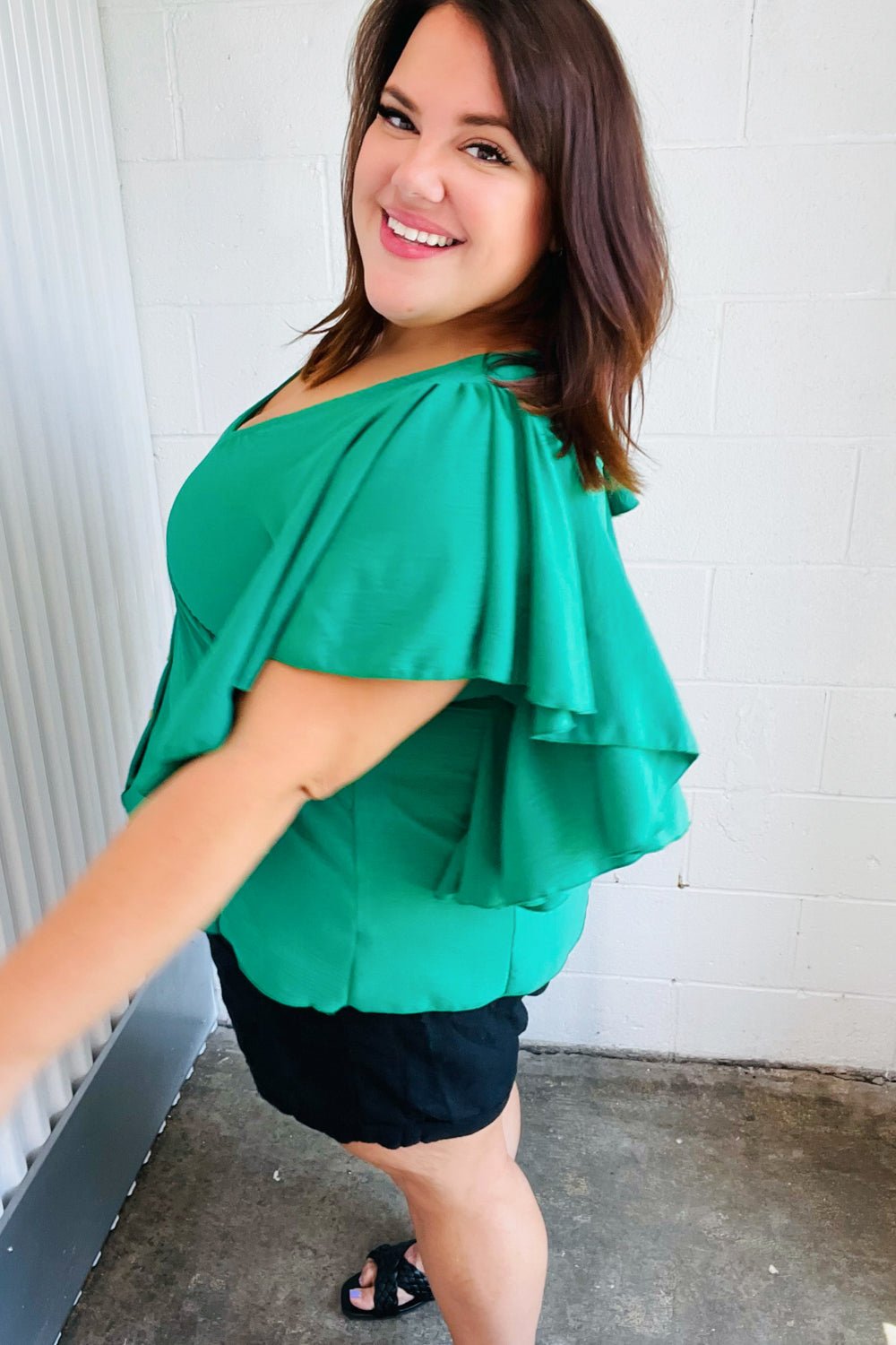 Sea Green Button Ruffle Woven Top - Molliee Boutique