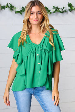 Sea Green Button Ruffle Woven Top - Molliee Boutique