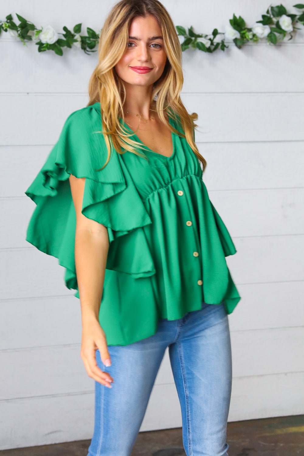 Sea Green Button Ruffle Woven Top - Molliee Boutique