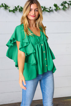 Sea Green Button Ruffle Woven Top - Molliee Boutique