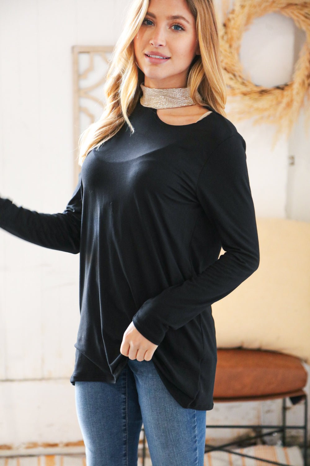 Shimmer Foil Neck Band Cold Shoulder Holiday Top - Molliee Boutique