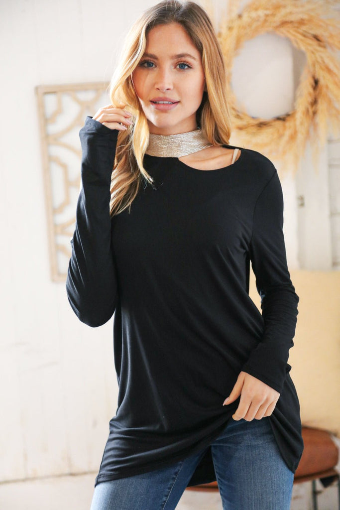 Shimmer Foil Neck Band Cold Shoulder Holiday Top - Molliee Boutique