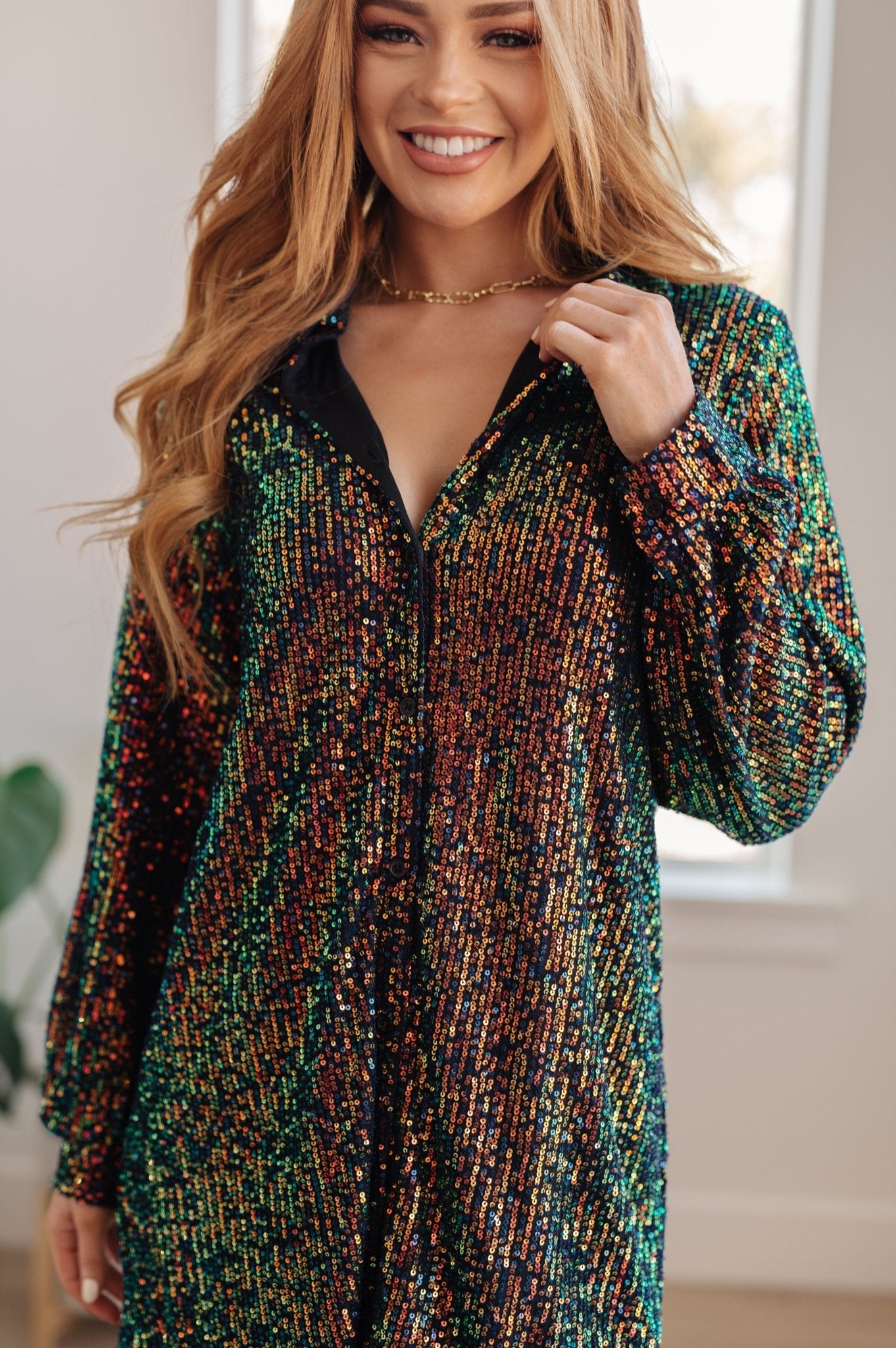 Shimmering Splendor Sequin Shirt Dress - Molliee Boutique