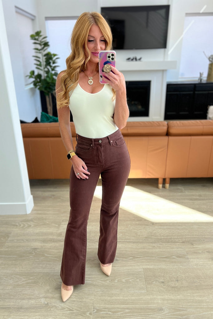 Sienna High Rise Control Top Flare Jeans in Espresso - Molliee Boutique