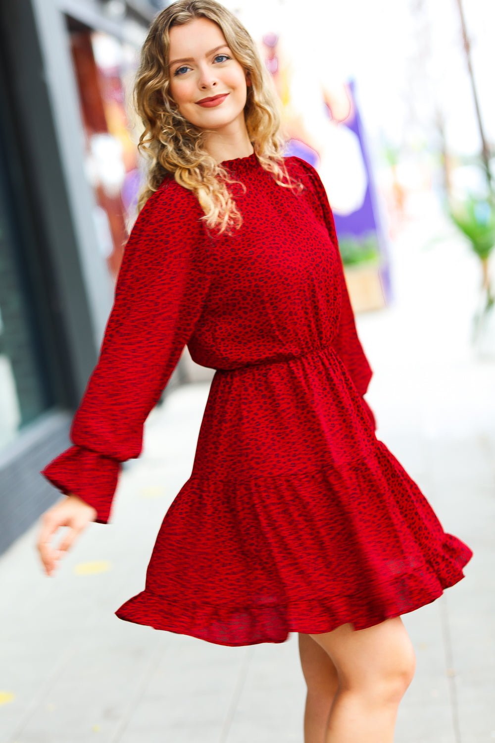 Simply Merry Burnt Red Animal Print Mock Neck Tiered Dress - Molliee Boutique