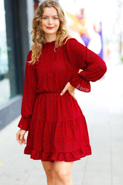 Simply Merry Burnt Red Animal Print Mock Neck Tiered Dress - Molliee Boutique