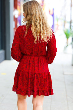 Simply Merry Burnt Red Animal Print Mock Neck Tiered Dress - Molliee Boutique