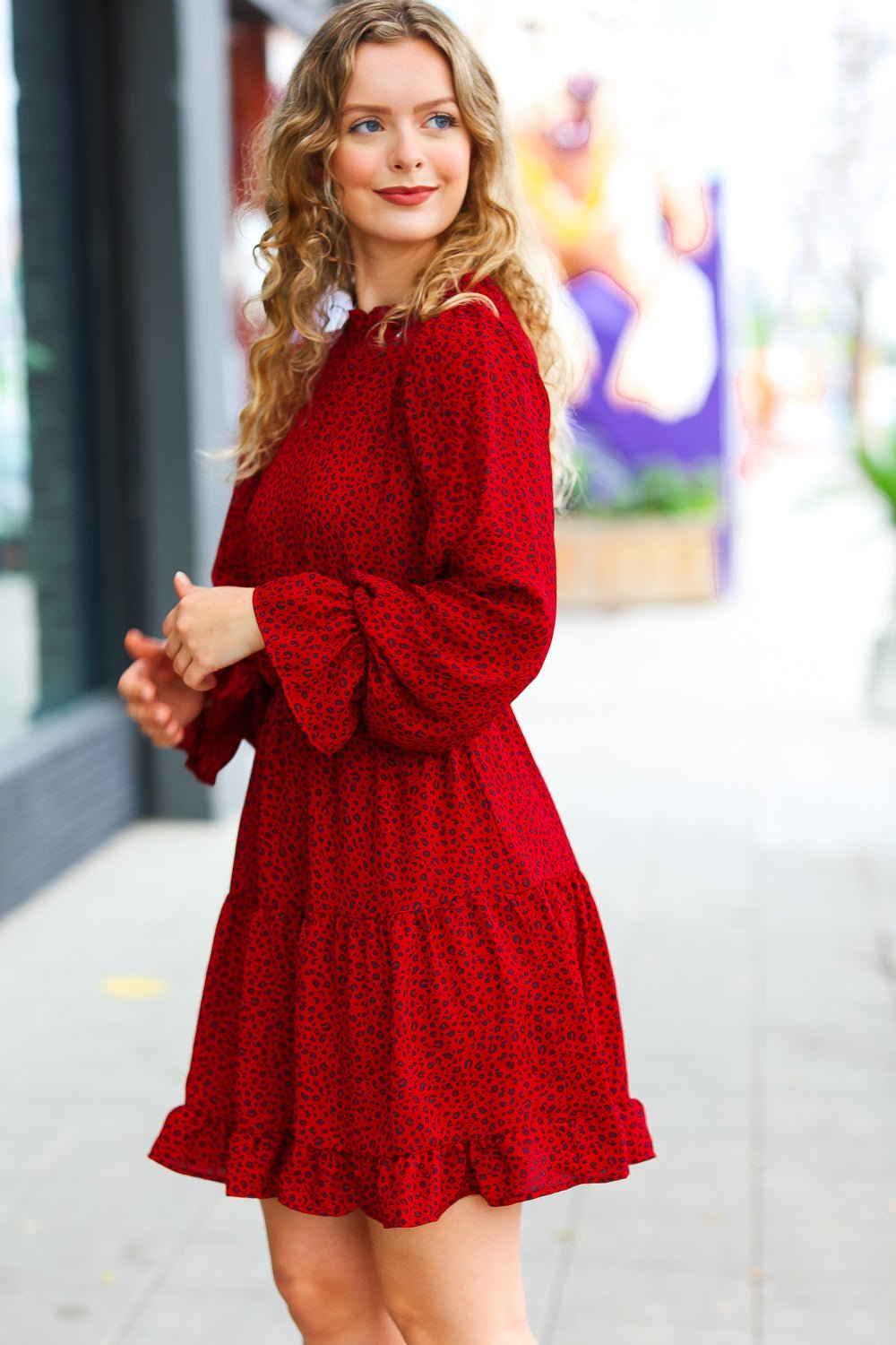 Simply Merry Burnt Red Animal Print Mock Neck Tiered Dress - Molliee Boutique