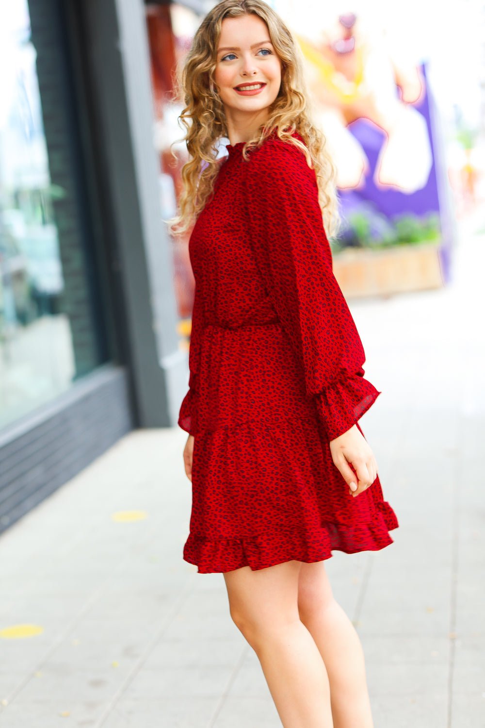 Simply Merry Burnt Red Animal Print Mock Neck Tiered Dress - Molliee Boutique