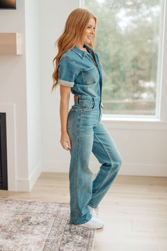 Sylvia Short Sleeve Denim Jumpsuit - Molliee Boutique