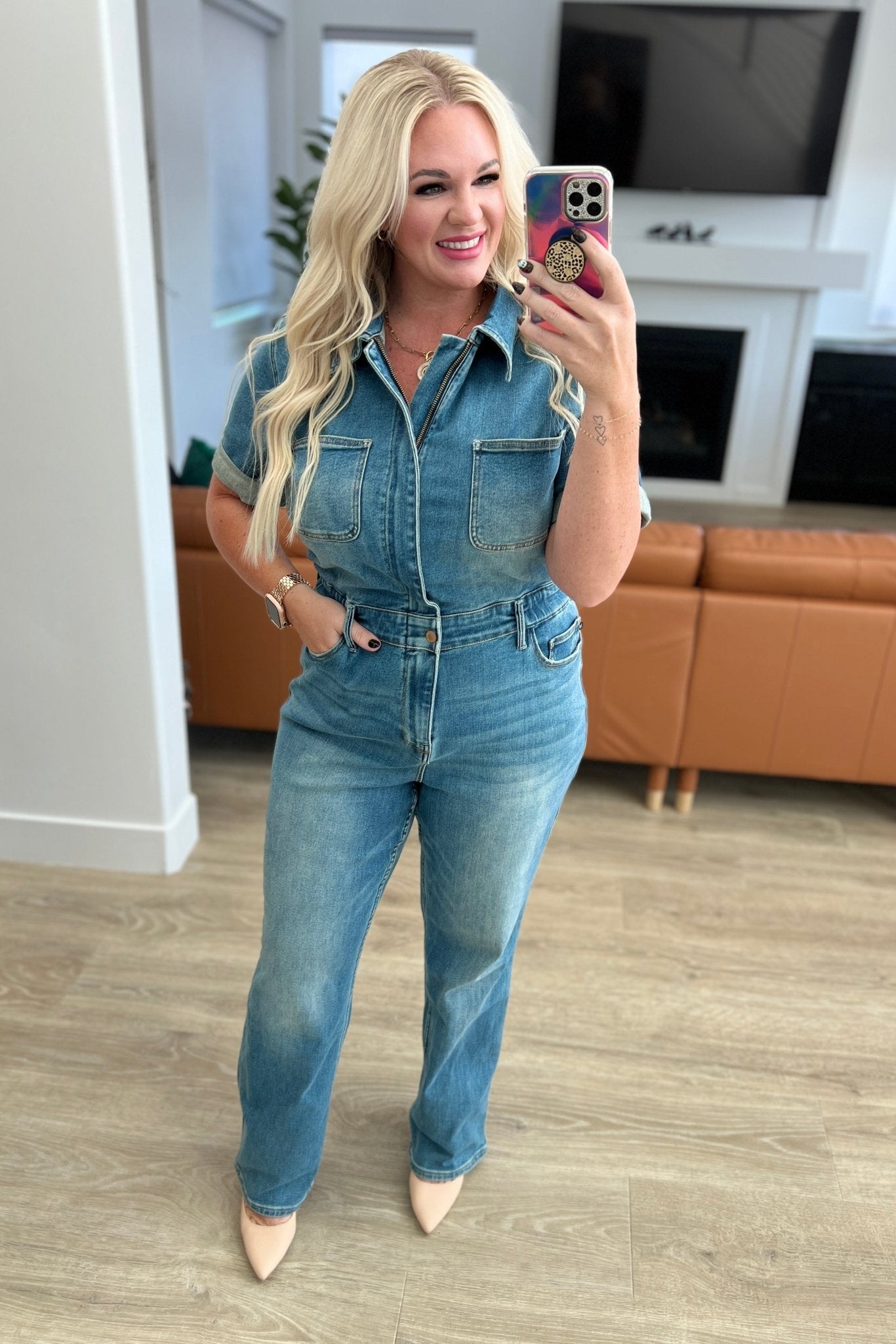 Sylvia Short Sleeve Denim Jumpsuit - Molliee Boutique