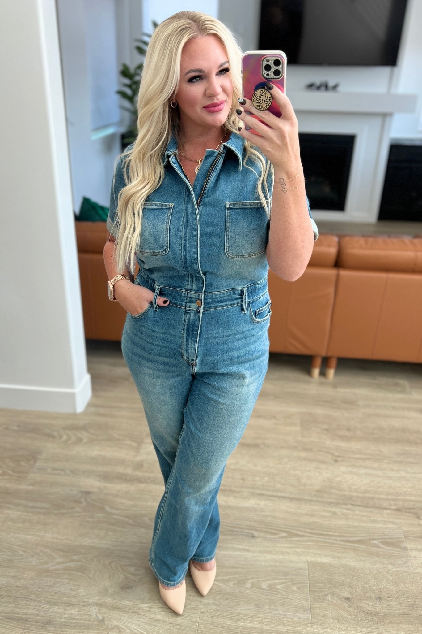 Sylvia Short Sleeve Denim Jumpsuit - Molliee Boutique