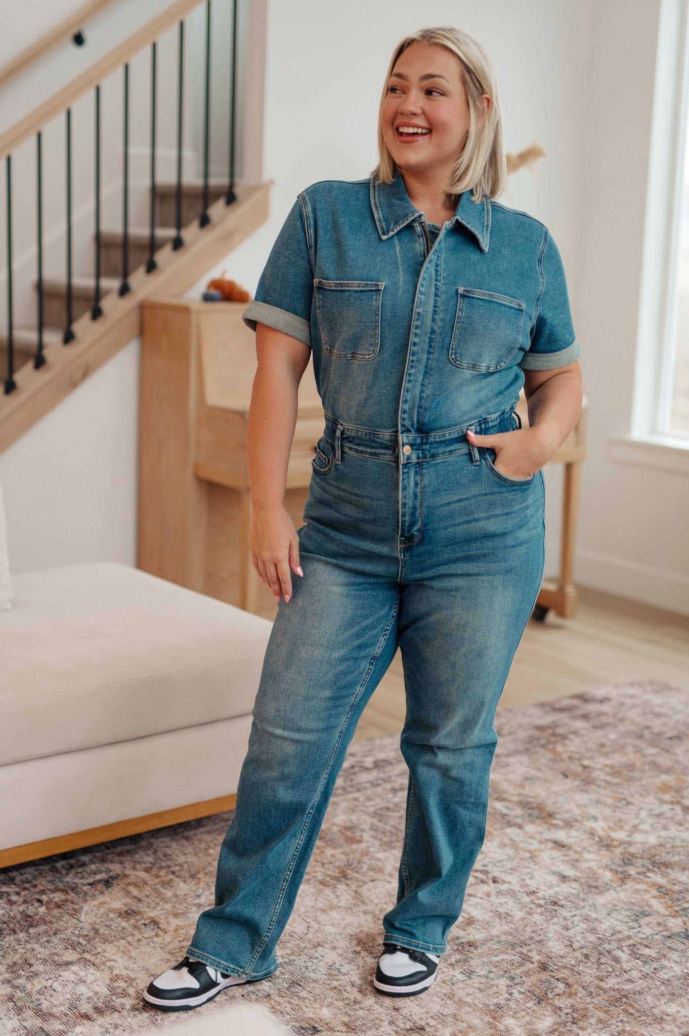 Sylvia Short Sleeve Denim Jumpsuit - Molliee Boutique