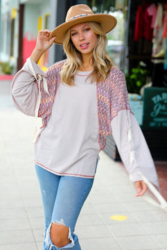 Taupe & Burgundy Chevron Raglan Lace-Up Bell Sleeve Top - Molliee Boutique