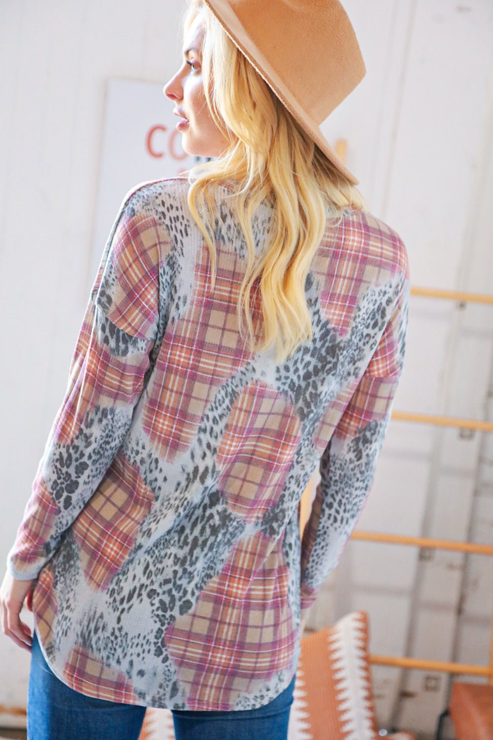 Taupe Leopard Plaid Rib Knit Round Neck Pullover - Molliee Boutique