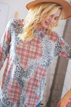 Taupe Leopard Plaid Rib Knit Round Neck Pullover - Molliee Boutique