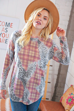 Taupe Leopard Plaid Rib Knit Round Neck Pullover - Molliee Boutique