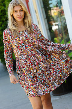 Taupe & Maroon Floral Long Sleeve Babydoll Dress - Molliee Boutique