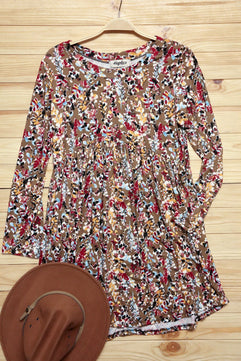 Taupe & Maroon Floral Long Sleeve Babydoll Dress - Molliee Boutique