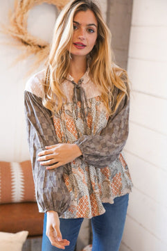 Taupe Paisley Print Houndstooth Mock Neck Top - Molliee Boutique