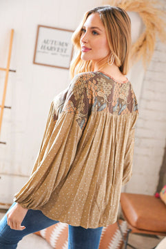 Taupe V Neck Crinkle Paisley and Dot Woven Babydoll Top - Molliee Boutique