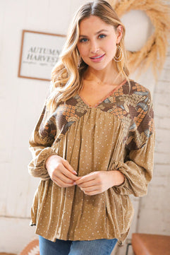 Taupe V Neck Crinkle Paisley and Dot Woven Babydoll Top - Molliee Boutique