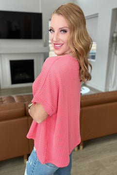 Textured Line Twisted Short Sleeve Top in Coral - Molliee Boutique