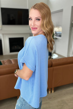 Textured Line Twisted Short Sleeve Top in Sky Blue - Molliee Boutique