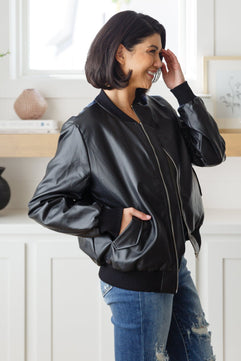 This Is It Faux Leather Bomber Jacket In Black - Molliee Boutique