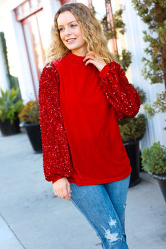 Under the Lights Red Velvet & Sequins Mock Neck Top - Molliee Boutique