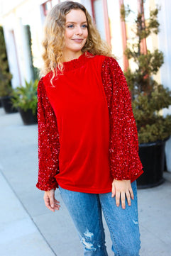 Under the Lights Red Velvet & Sequins Mock Neck Top - Molliee Boutique